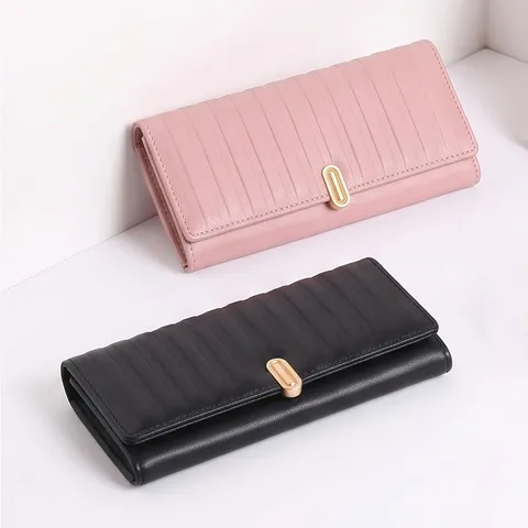Damen Einfache Gestreifte Geprägte PU Leder Lange Brieftasche Multi-Kartenfach Clutch Handtasche Mit Metallschnalle Eleganter Geldbeutel