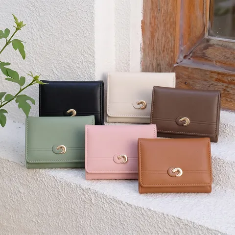 Women Fashion PU Leather Tri-Fold Wallet Minimalist Solid Color Multi-Card Slots Short Purse With Metal Buckle Daily Matching Clutch