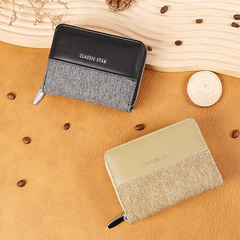 Trendy Korean Style PU Leather Denim Patchwork Bifold Short Wallet For Women Multifunctional Letter Print Zipper Coin Purse Casual Pocket Multi Card Cardholder Clutch