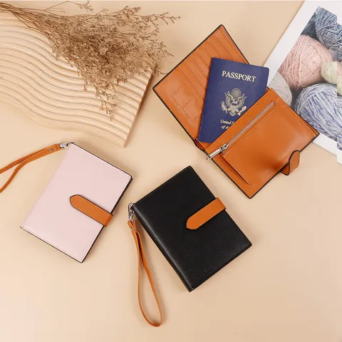 Women Trendy Color Block PU Leather Passport Holder Multi Function Large Capacity Wallet Bifold Ticket Clip With Wrist Strap