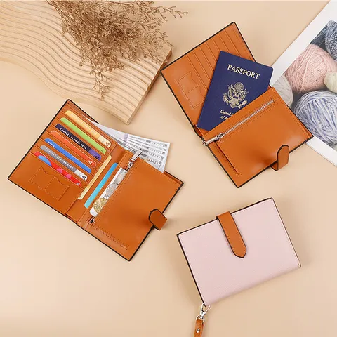 Women Trendy Color Block PU Leather Passport Holder Multi Function Large Capacity Wallet Bifold Ticket Clip With Wrist Strap