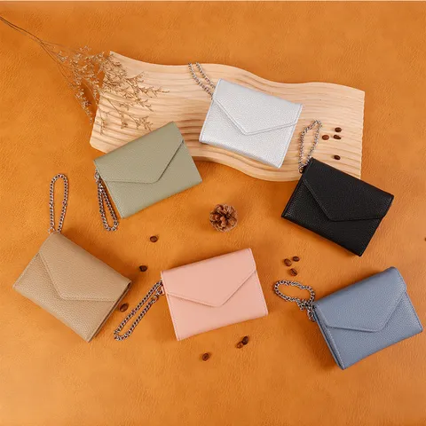Women's Litchi Pattern PU Leather Short Wallet With Metal Chain Japanese Minimalist Multi-functional Coin Purse Card Holder Clutch