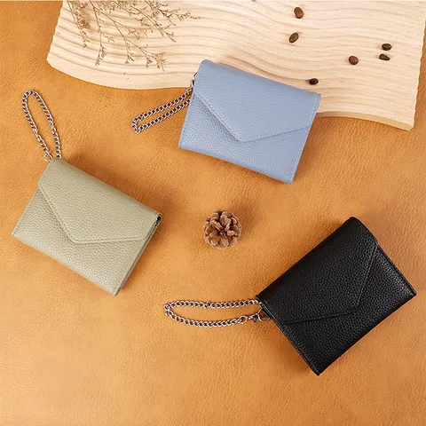 Women's Litchi Pattern PU Leather Short Wallet With Metal Chain Japanese Minimalist Multi-functional Coin Purse Card Holder Clutch