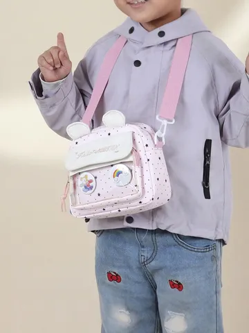Girls Cartoon Bear Ear Crossbody Bag Star Pattern Nylon Messenger Bag With Transparent Front Pocket Lightweight Travel Small Handbag