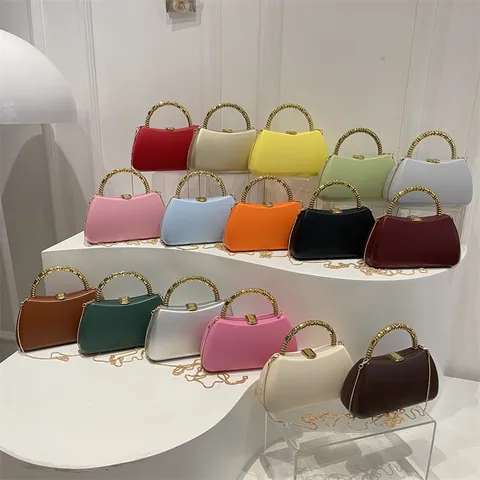 Elegant PU Leather Hard Shell Box Handbag Metal Handle Evening Clutch Party Banquet Shoulder Bag Chic Candy Color Crossbody Bag