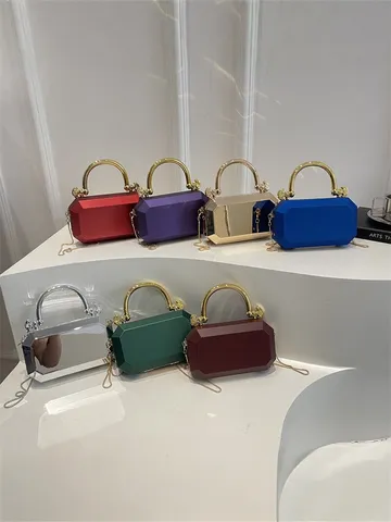 Women's Acrylic Box Bag Geometric Faceted Evening Clutch With Metal Handle Chain Shoulder Crossbody Banquet Party Handbag