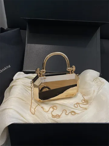 Women's Acrylic Box Bag Geometric Faceted Evening Clutch With Metal Handle Chain Shoulder Crossbody Banquet Party Handbag