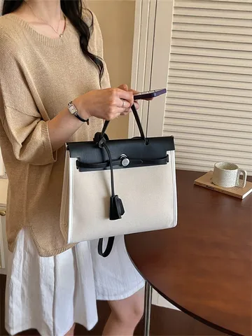 Sac à Main Femme Patchwork en Toile et Cuir Grande Capacité Sac à Épaule Minimaliste Urbain Porte-documents avec Pochette