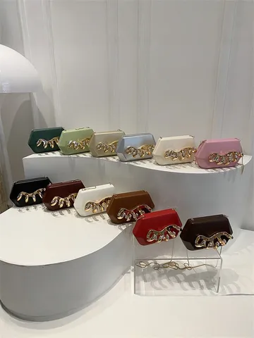 Women Acrylic Hard Shell Box Clutch Bag Sculptural Metal Rhinestone Detailing Removable Chain Crossbody Evening Purse Party Dinner Handbag