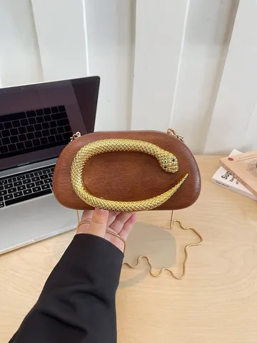 Sac Bandoulière Ovale en PVC À la Mode Avec Boucle Serpent Élégant Sac À Chaîne Couleur Unie Pour Banquet Femmes Quotidien Pochette