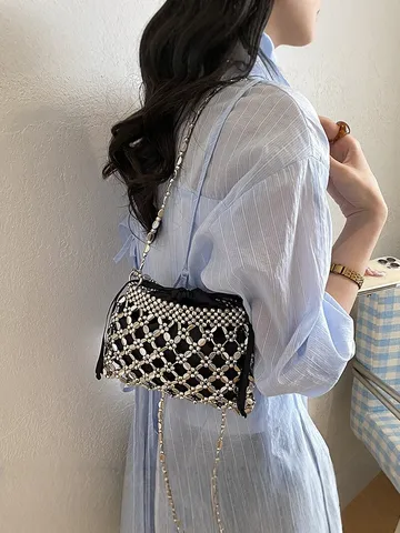 Handgemaakte Kralen Ketting Emmertas Voor Dames Minimalistisch Stille Luxe Satijn Trekkoord Schoudertas Crossbody Tas Mode Avondtas