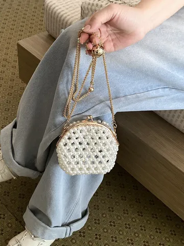 Bolso de Noche Hecho a Mano con Cuentas en Forma de Concha Bandolera Con Perlas Artificiales Strass Cadena Broche Metálico Mini Bolso para Mujeres Fiesta