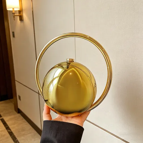 Minimalist Spherical Evening Bag PVC Hard Shell Round Handbag Metallic Ring Handle Women Fashion Crossbody Bag
