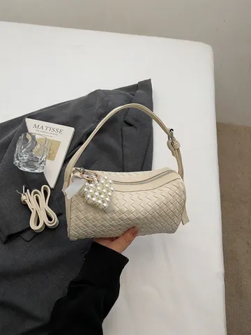 Women Woven Cylinder Bag PU Leather Handbag Minimalist Urban Crossbody Bag Chic Underarm Bag Trendy Shoulder Bag For Daily Matching
