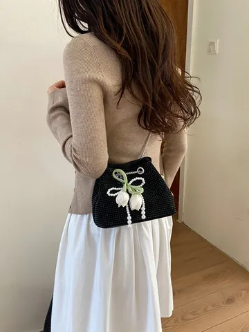 Women Rhinestone Bucket Bag PU Leather Chain Crossbody Bag Sparkly Artificial Pearl Floral Pendant Shoulder Bag Evening Party Purse