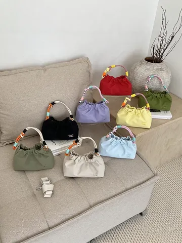 Femmes Mode Poignée Tissée Sac Bandoulière Tendance Couleur Bonbon Sac à Main Plissé Petit Sac en Tissu