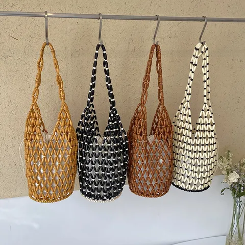 Woven Beaded Shoulder Bag For Women Hollow Bucket Handbag Plastic Beach Vacation Tote Bag With Inner Lining