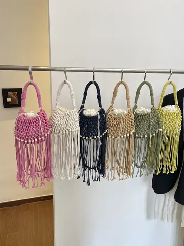 Womens Woven Bucket Bag Casual Hollow Out Tassel Shoulder Bag Cotton Candy Color Vacation Beach Tote Handbag