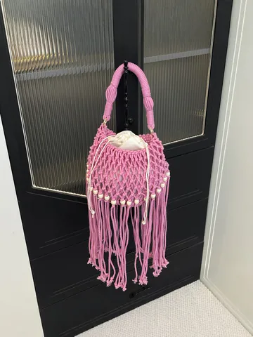 Womens Woven Bucket Bag Casual Hollow Out Tassel Shoulder Bag Cotton Candy Color Vacation Beach Tote Handbag