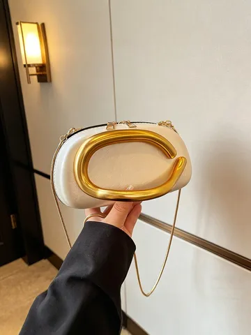 Mode Oval PU Leder Abendtasche Einzigartiger Metallgriff Handgelenktasche Messenger Handtasche Mit Abnehmbarer Metallkette Schultergurt Elegante Abendtasche Handytasche Für Damen