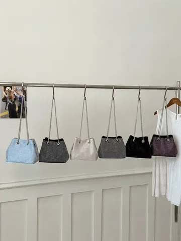 Women Rhinestone Bucket Bag PU Leather Chain Crossbody Bag Sparkly Artificial Pearl Floral Pendant Shoulder Bag Evening Party Purse