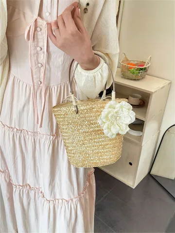 Bolso de Mano Tejido de Paja Natural de Verano para Mujer Bolso Balde Informal de Playa Decoración Floral Cordón Asas Superiores