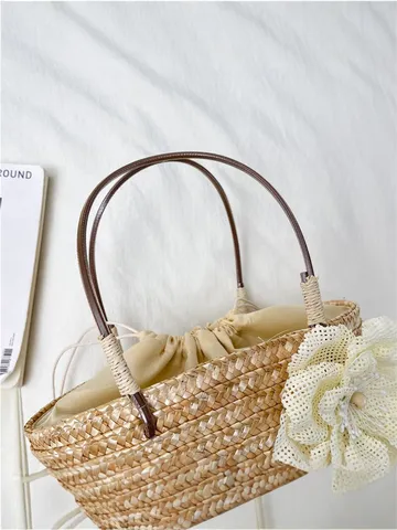 Bolso de Mano Tejido de Paja Natural de Verano para Mujer Bolso Balde Informal de Playa Decoración Floral Cordón Asas Superiores