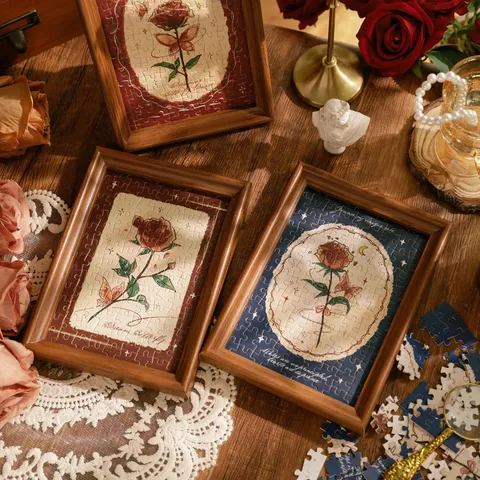 Retro Rose Tabletop DIY Puzzle Photo Frame Ornament Handmade Wooden Picture Frame Valentine Birthday Gift Home Decor