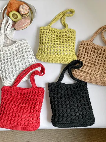 Womens Woven Cotton Beach Bag Hollow Out Crochet Casual Summer Vacation Handbag Lightweight Daily Shoulder Bag