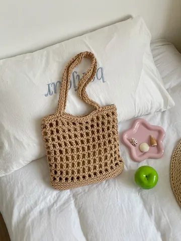 Womens Woven Cotton Beach Bag Hollow Out Crochet Casual Summer Vacation Handbag Lightweight Daily Shoulder Bag