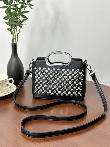 Bolso de Hombro de Moda con Strass para Mujer Bolso Bandolera de Cuero Sintético Asa Superior de Metal Bolso de Commute