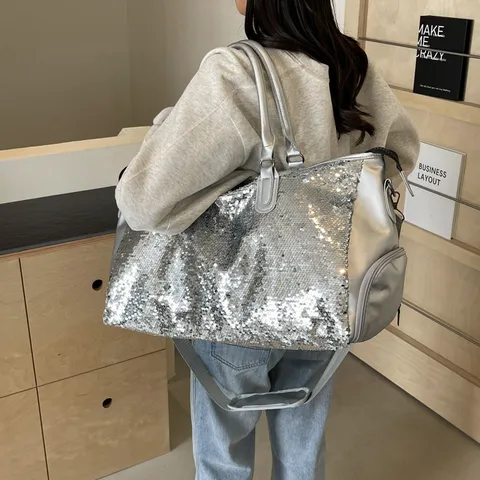 Large Capacity Travel Bag Fashion Sequin PU Leather Handbag Casual Unisex Weekender Bag Shoulder Crossbody Bag