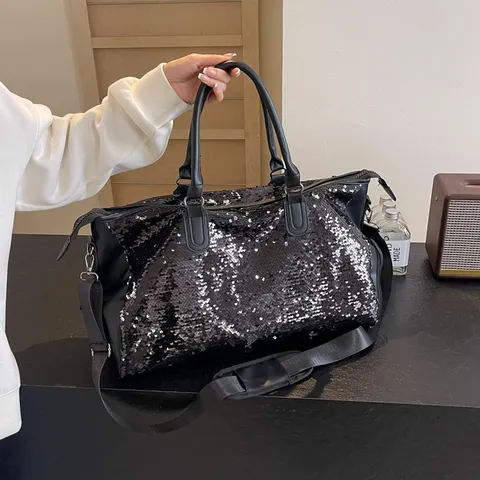 Large Capacity Travel Bag Fashion Sequin PU Leather Handbag Casual Unisex Weekender Bag Shoulder Crossbody Bag