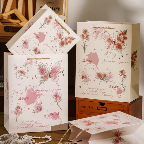 Bolsa de Regalo Vintage de Rosa y Mariposa Bolsa de Cartón Blanco Espesado Bolsa de Embalaje Floral Elegante