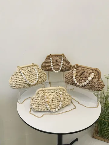 Dames Stro Geweven Schoudertas Parel Ketting Handtas Zomer Strand Vakantie Retro Schelpvormige Geweven Stof Chique Tas