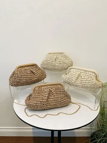 Dames Stro Geweven Schoudertas Parel Ketting Handtas Zomer Strand Vakantie Retro Schelpvormige Geweven Stof Chique Tas