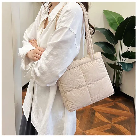 Women Fashion Nylon Quilted Tote Bag Soft Padded Down Shoulder Bag Casual Large Capacity Commuter Handbag