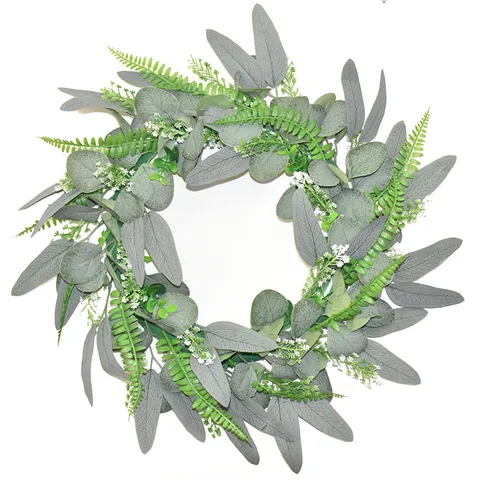 Artificial Eucalyptus Wreath Green Leaves Front Door Hanging Wall Decor Welcome Sign Floral Garland Handmade Silk Flower Ornament Home Party Wedding Decoration