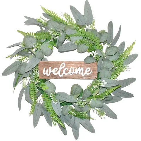 Artificial Eucalyptus Wreath Green Leaves Front Door Hanging Wall Decor Welcome Sign Floral Garland Handmade Silk Flower Ornament Home Party Wedding Decoration