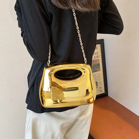 Women Fashion Acrylic Hard Shell Evening Bag Metallic Color Box Clutch With Chain Strap Hollow Handle Banquet Phone Purse