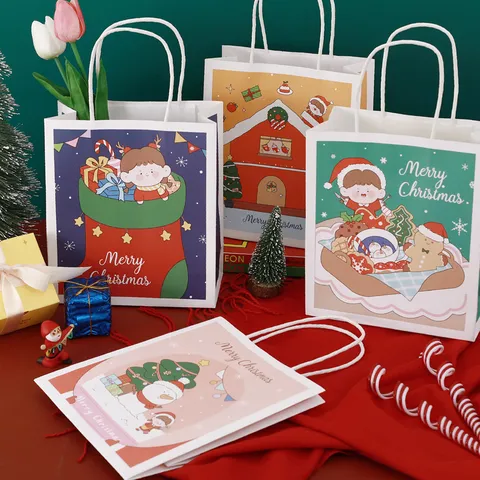 Süße Karikatur Weihnachten Geschenktüte Papier Frischer Ins-Stil Handheld Feiertag Geschenke Verpackung Tragtasche Mit Griffen