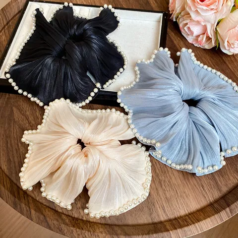 Frans Elegant Retro Stof Bloem Haarelastiekjes Met Kunstparel Rand Effen Glanzend Sluier Haarklemmen Lage Paardenstaart Accessoires Voor Vrouwen