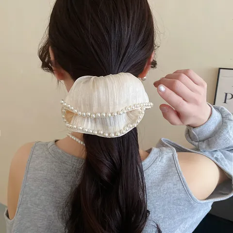 Frans Elegant Retro Stof Bloem Haarelastiekjes Met Kunstparel Rand Effen Glanzend Sluier Haarklemmen Lage Paardenstaart Accessoires Voor Vrouwen