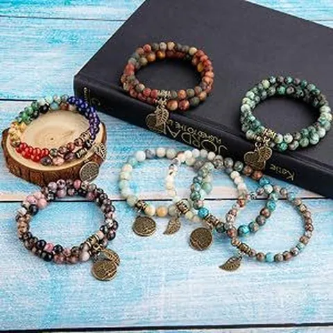 Bohemian Natural Stone Beaded Bracelets Life Tree Leaf Pendant Layered Yoga Energy Healing Jewelry Gift For Women