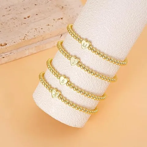 Stainless Steel Beaded Elastic Rope Heart Letter Charm Bracelet Fashion Jewelry For Women