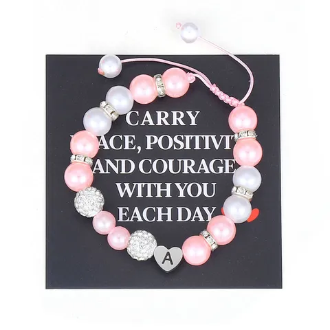 Handmade Artificial Pearl Bracelet Stainless Steel Heart Letter Pendant Rhinestone Beaded Adjustable Jewelry Women