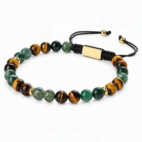 Men's Beaded Bracelet Natural Tiger's Eye And Indian Agate Gemstone Braided Adjustable Cord Fashion Jewelry Gift