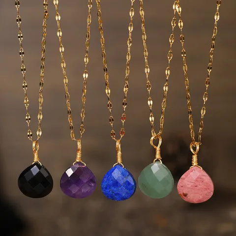 Natural Crystal Teardrop Pendant Necklace For Women Elegant Gold Plated Choker Gemstone Fashion Jewelry Birthday Gift