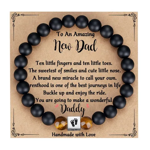 Mens Natural Stone Tiger Eye Bead Bracelet With Footprint Metal Charm Fathers Day Gift Beaded Bracelet Jewelry