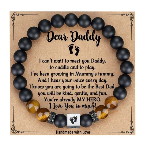 Mens Natural Stone Tiger Eye Bead Bracelet With Footprint Metal Charm Fathers Day Gift Beaded Bracelet Jewelry